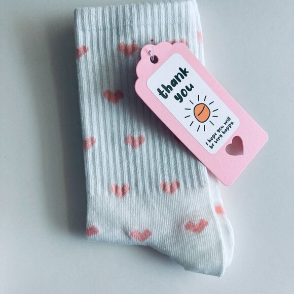🍒 5/$25 🍒 White Crew Socks with Pink Hearts - Picture 2 of 2